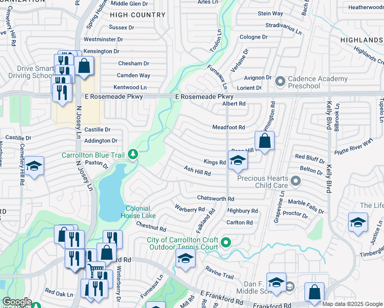 map of restaurants, bars, coffee shops, grocery stores, and more near 2025 Kings Road in Carrollton