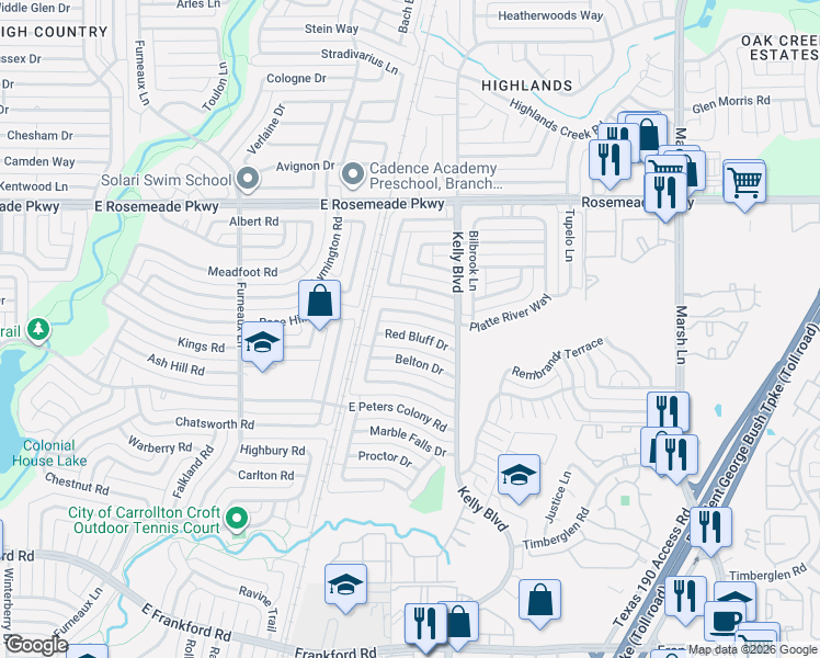map of restaurants, bars, coffee shops, grocery stores, and more near 2205 Red Bluff Drive in Carrollton