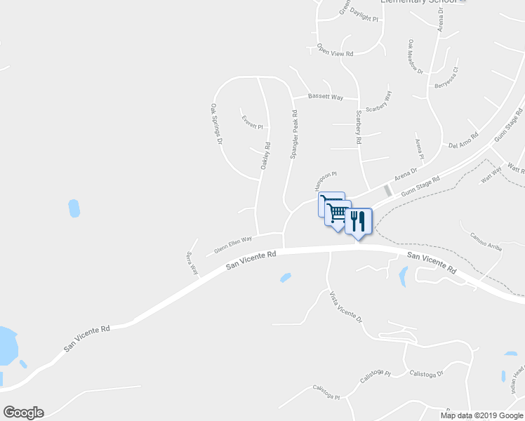 map of restaurants, bars, coffee shops, grocery stores, and more near 16027 Oakley Road in Ramona