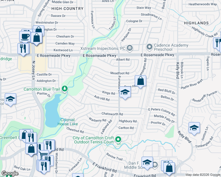 map of restaurants, bars, coffee shops, grocery stores, and more near 2036 Rose Hill Road in Carrollton