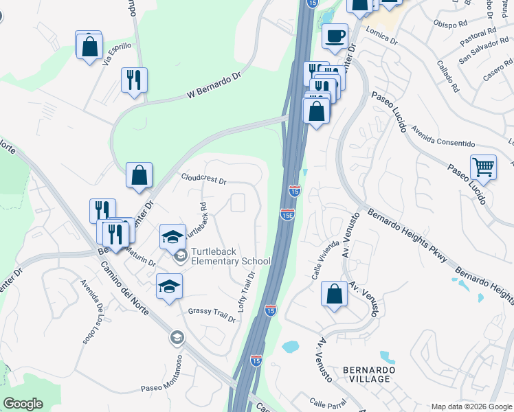 map of restaurants, bars, coffee shops, grocery stores, and more near 16140 Lofty Trail Drive in San Diego