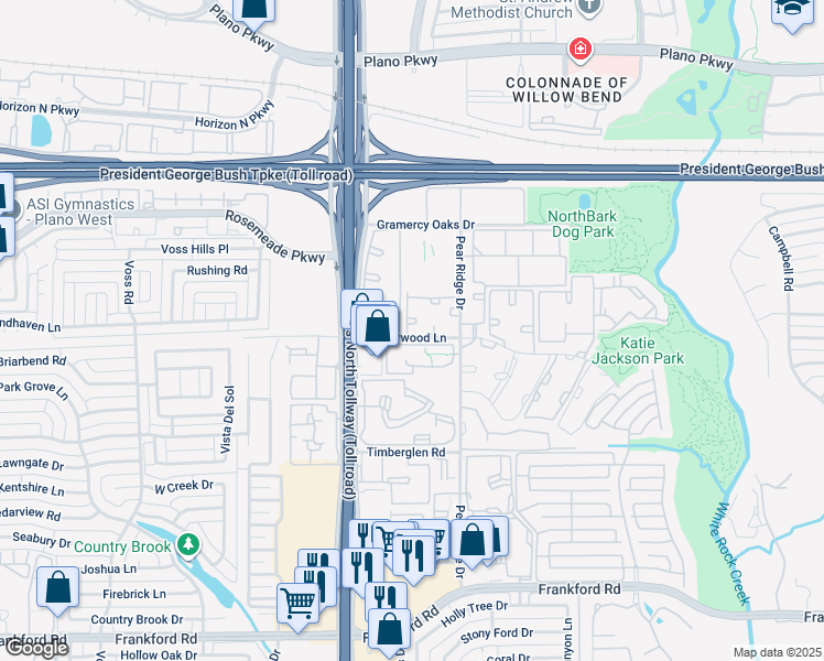map of restaurants, bars, coffee shops, grocery stores, and more near 4701 Haverwood Lane in Dallas