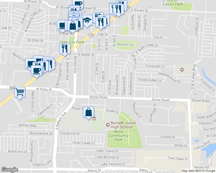 map of restaurants, bars, coffee shops, grocery stores, and more near 402 Hilltop Lane in Wylie