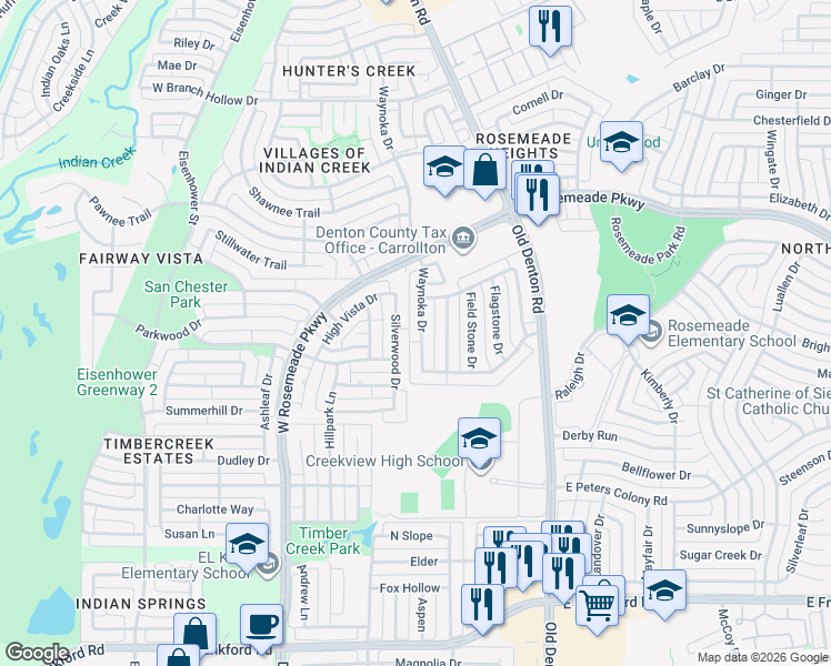map of restaurants, bars, coffee shops, grocery stores, and more near 3615 Waynoka Drive in Carrollton