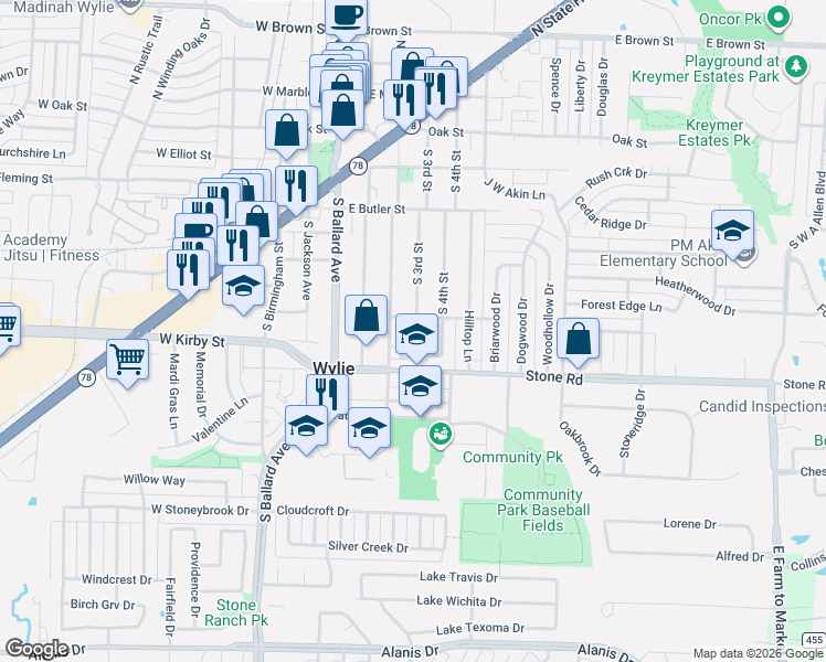 map of restaurants, bars, coffee shops, grocery stores, and more near 21 Trails Place in Wylie
