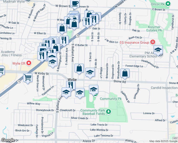 map of restaurants, bars, coffee shops, grocery stores, and more near 21 Trails Place in Wylie