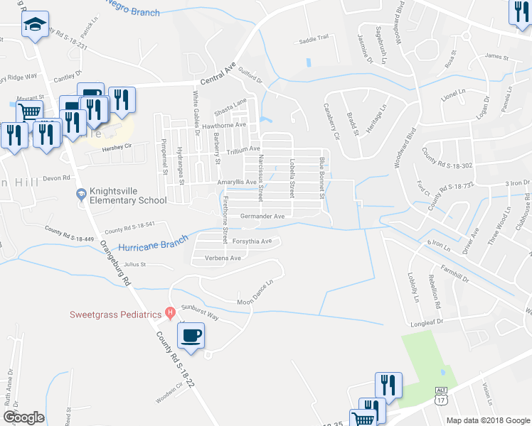 map of restaurants, bars, coffee shops, grocery stores, and more near 216 Germander Avenue in Summerville