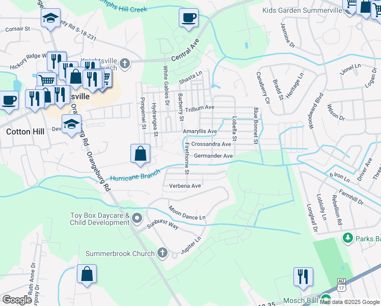 map of restaurants, bars, coffee shops, grocery stores, and more near 320 Germander Avenue in Summerville