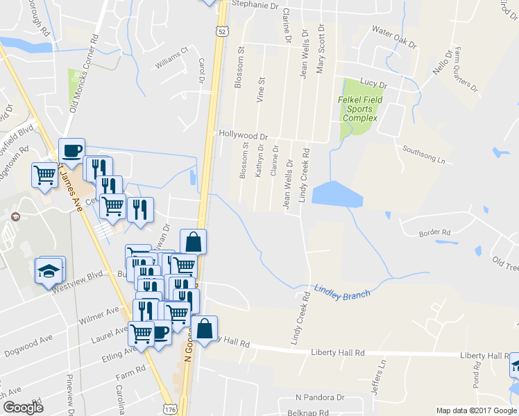 map of restaurants, bars, coffee shops, grocery stores, and more near 106 Kathryn Drive in Goose Creek