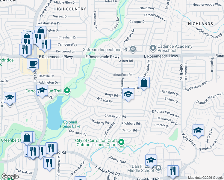 map of restaurants, bars, coffee shops, grocery stores, and more near 2036 Rose Hill Rd in Carrollton