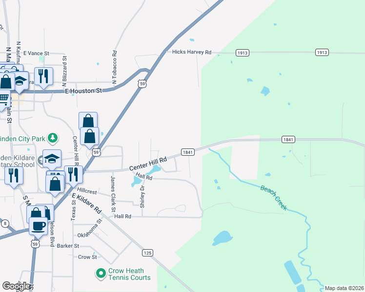 map of restaurants, bars, coffee shops, grocery stores, and more near Farm to Market 1841 in Linden