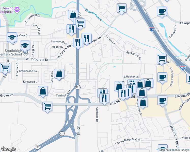 map of restaurants, bars, coffee shops, grocery stores, and more near 165 Forestbrook Drive in Lewisville