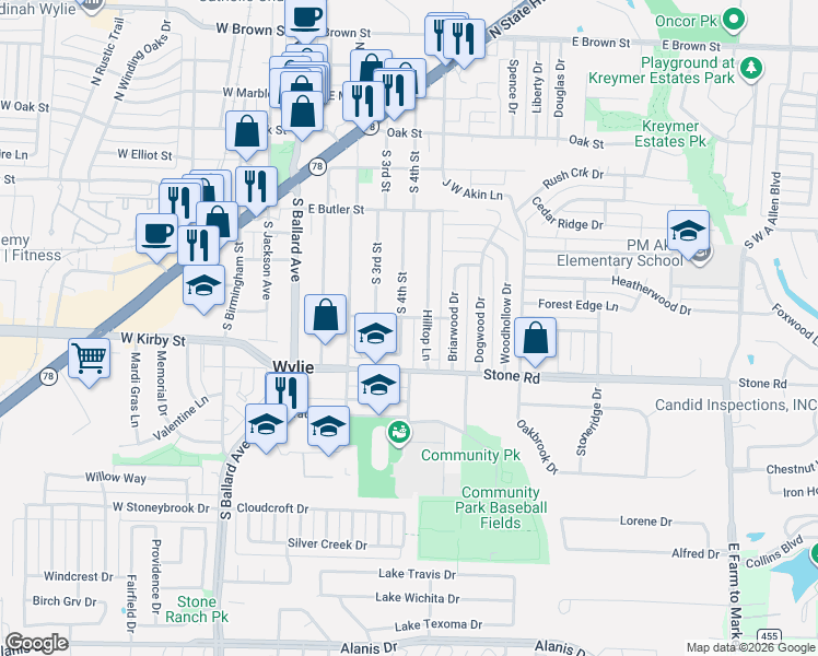 map of restaurants, bars, coffee shops, grocery stores, and more near 402 Hilltop Lane in Wylie