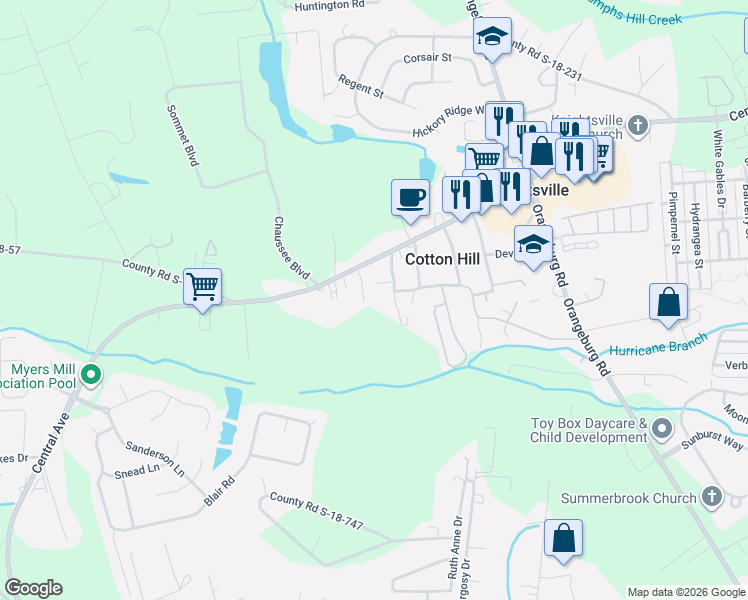 map of restaurants, bars, coffee shops, grocery stores, and more near 110 Sojourner Lane in Summerville