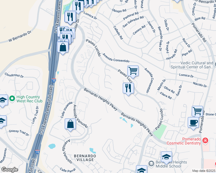 map of restaurants, bars, coffee shops, grocery stores, and more near 12134 Iron View Row in San Diego