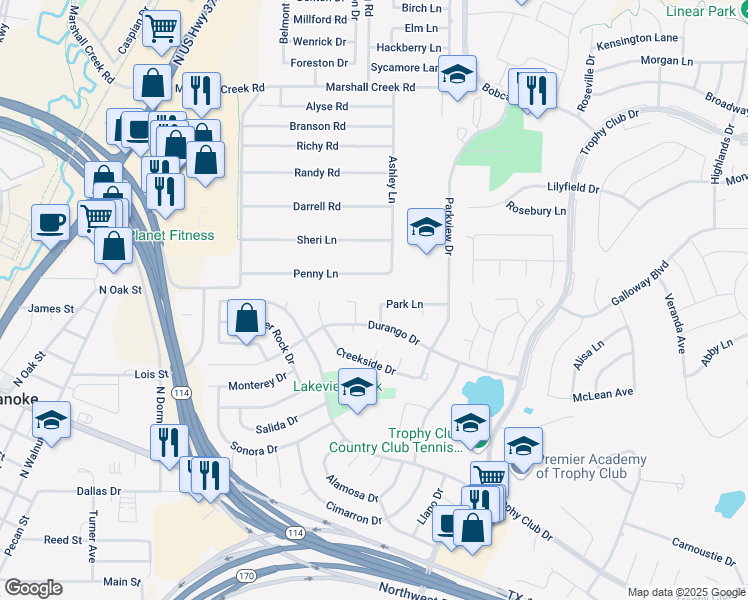 map of restaurants, bars, coffee shops, grocery stores, and more near 6 Hideaway Court in Trophy Club