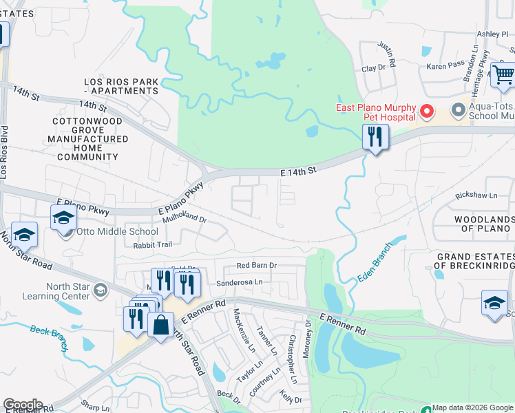 map of restaurants, bars, coffee shops, grocery stores, and more near 1105 Melcer Street in Plano