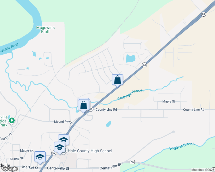 map of restaurants, bars, coffee shops, grocery stores, and more near 16357-16413 Alabama Highway 69 South in Moundville