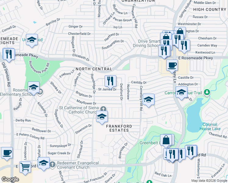 map of restaurants, bars, coffee shops, grocery stores, and more near 1724 Saint James Drive in Carrollton