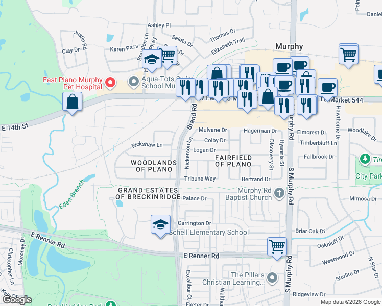 map of restaurants, bars, coffee shops, grocery stores, and more near 5804 Logan Drive in Plano