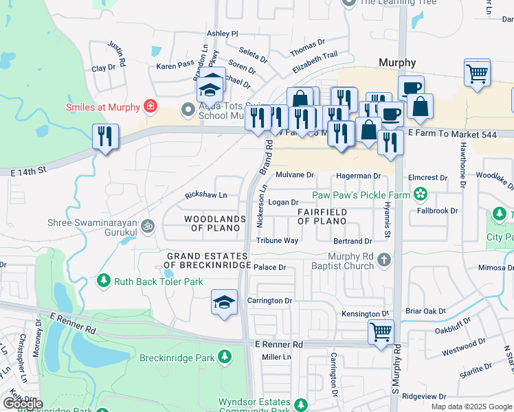 map of restaurants, bars, coffee shops, grocery stores, and more near 1104 Rochester Way in Plano