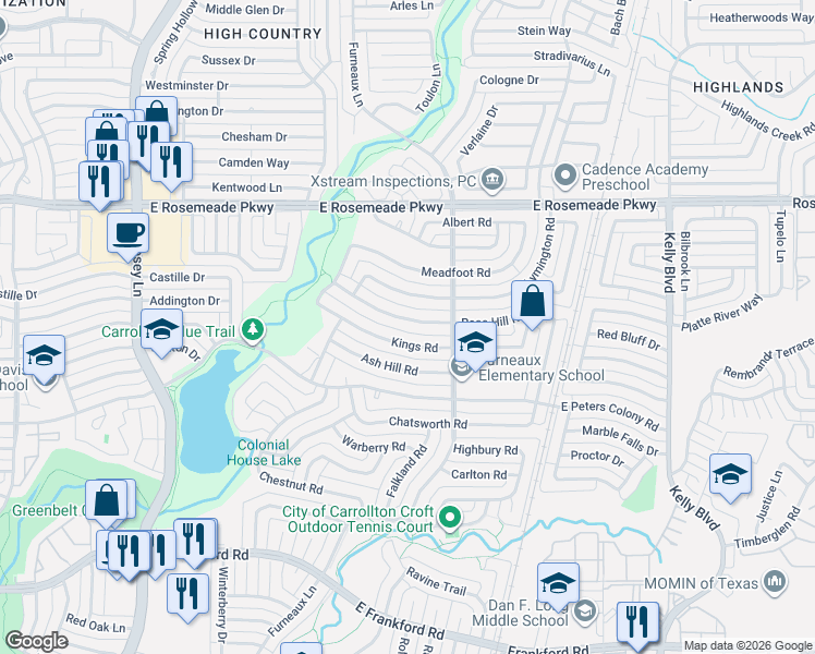 map of restaurants, bars, coffee shops, grocery stores, and more near 2036 Rose Hill Road in Carrollton