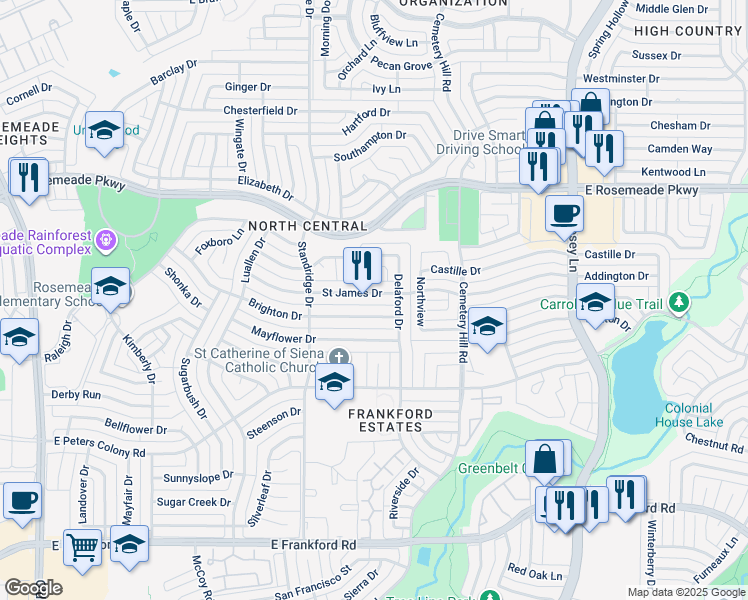 map of restaurants, bars, coffee shops, grocery stores, and more near 1724 Saint James Drive in Carrollton