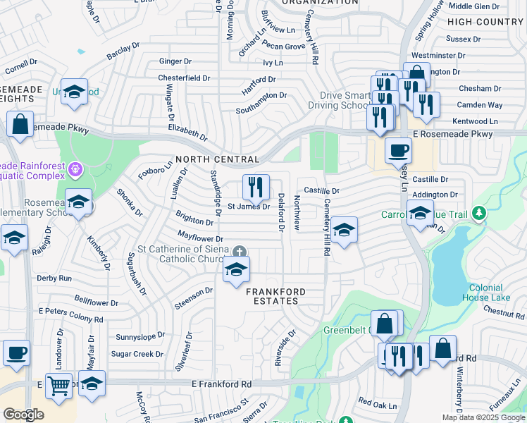 map of restaurants, bars, coffee shops, grocery stores, and more near 1724 Saint James Drive in Carrollton