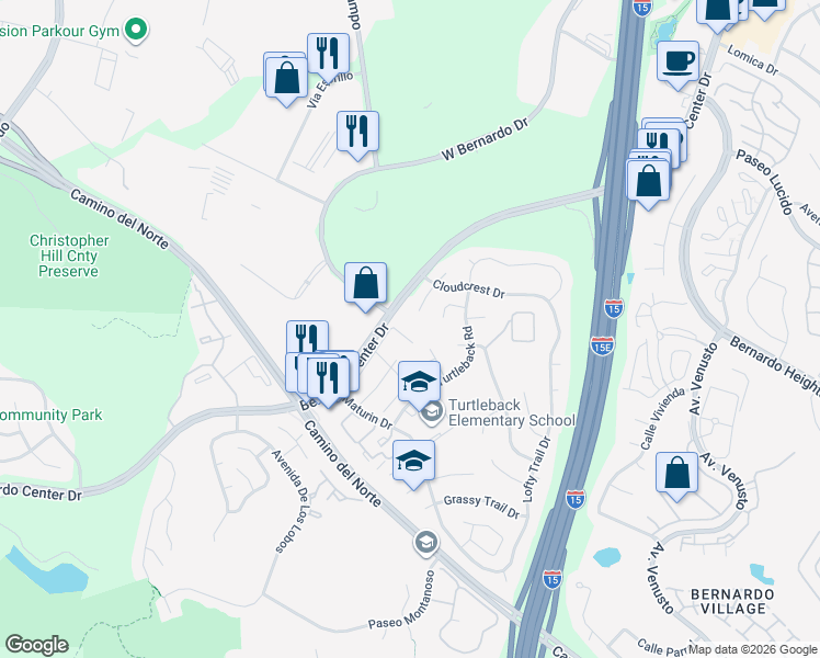map of restaurants, bars, coffee shops, grocery stores, and more near 15959 Sunnyfield Place in San Diego