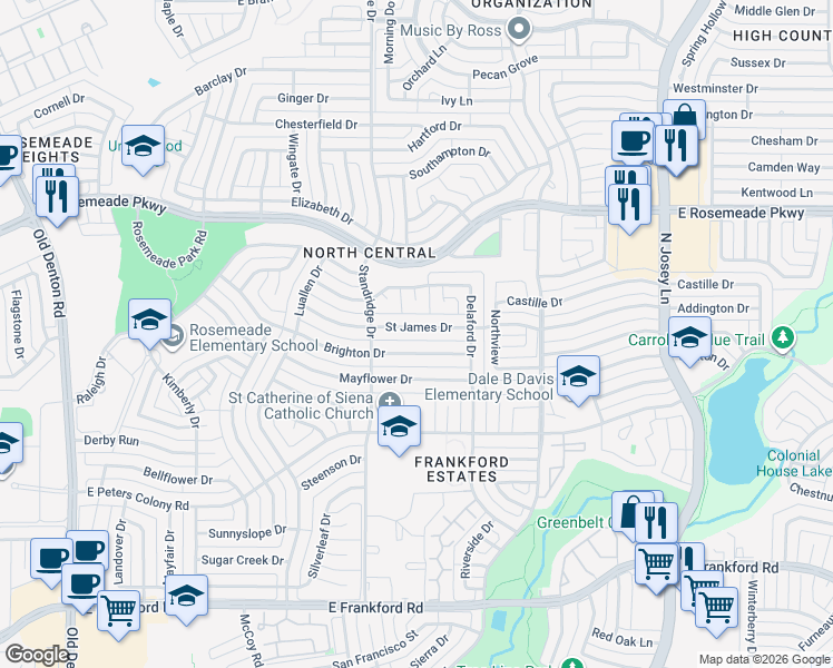 map of restaurants, bars, coffee shops, grocery stores, and more near 1710 Saint James Drive in Carrollton
