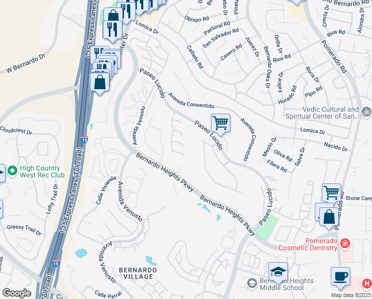 map of restaurants, bars, coffee shops, grocery stores, and more near 12185 Sand Trap Row in San Diego