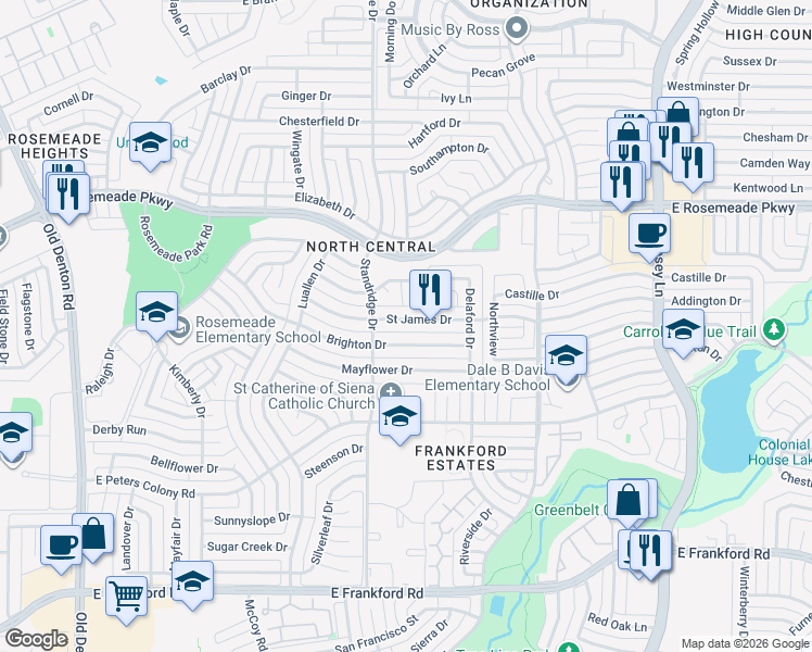 map of restaurants, bars, coffee shops, grocery stores, and more near 1710 Saint James Drive in Carrollton