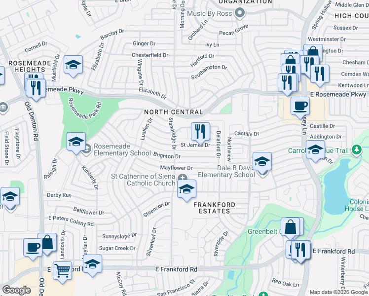 map of restaurants, bars, coffee shops, grocery stores, and more near 1710 Saint James Drive in Carrollton