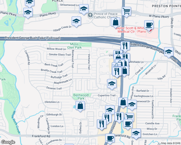 map of restaurants, bars, coffee shops, grocery stores, and more near 5624 Ventana Trail in Dallas