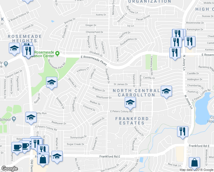 map of restaurants, bars, coffee shops, grocery stores, and more near 1620 Saint James Drive in Carrollton