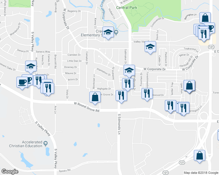 map of restaurants, bars, coffee shops, grocery stores, and more near 2111 Acosta Lane in Lewisville