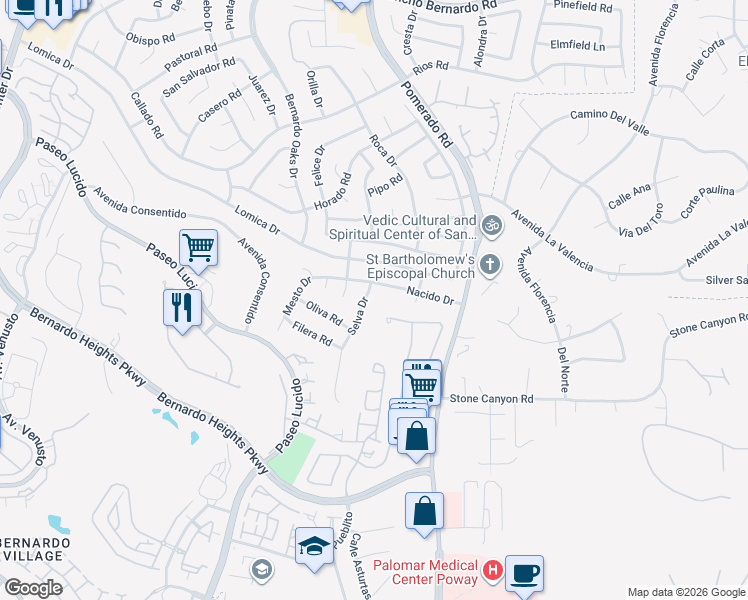 map of restaurants, bars, coffee shops, grocery stores, and more near 12516 Avenida Tineo in San Diego