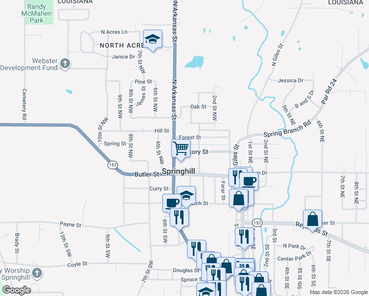map of restaurants, bars, coffee shops, grocery stores, and more near 402 Hickory Street in Springhill