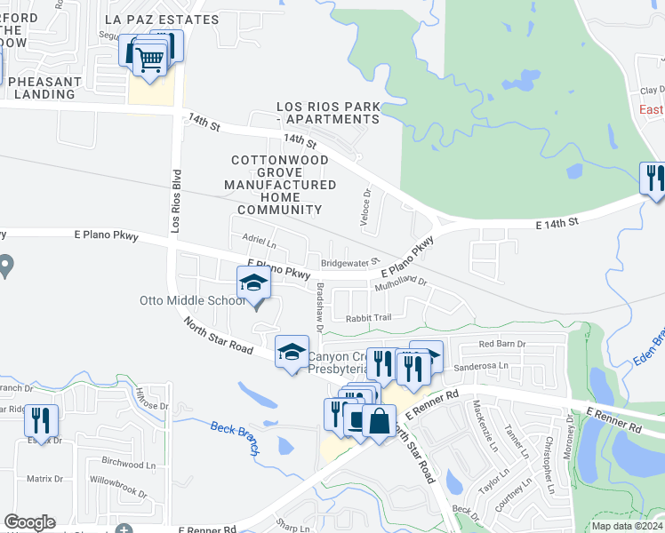 map of restaurants, bars, coffee shops, grocery stores, and more near 4720 Bridgewater Street in Plano