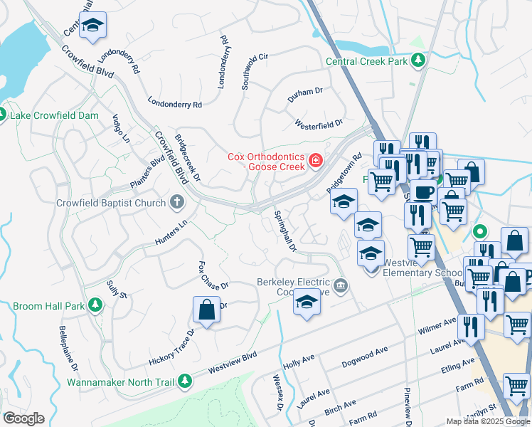 map of restaurants, bars, coffee shops, grocery stores, and more near 15 Rudwick Circle in Goose Creek