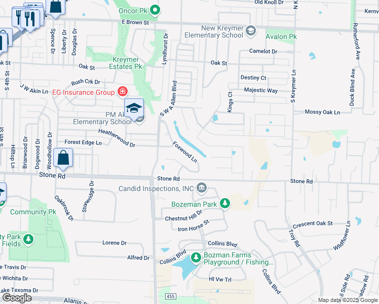 map of restaurants, bars, coffee shops, grocery stores, and more near 409 Foxwood Lane in Wylie