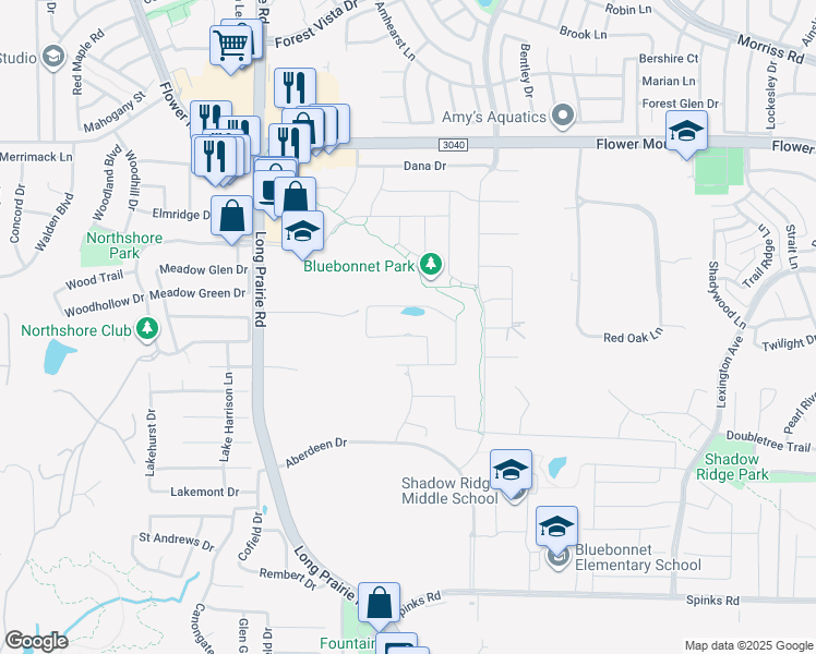 map of restaurants, bars, coffee shops, grocery stores, and more near 2228 Rickenbacker Drive in Flower Mound