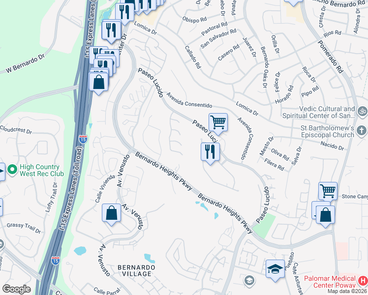 map of restaurants, bars, coffee shops, grocery stores, and more near 12185 Sand Trap Row in San Diego