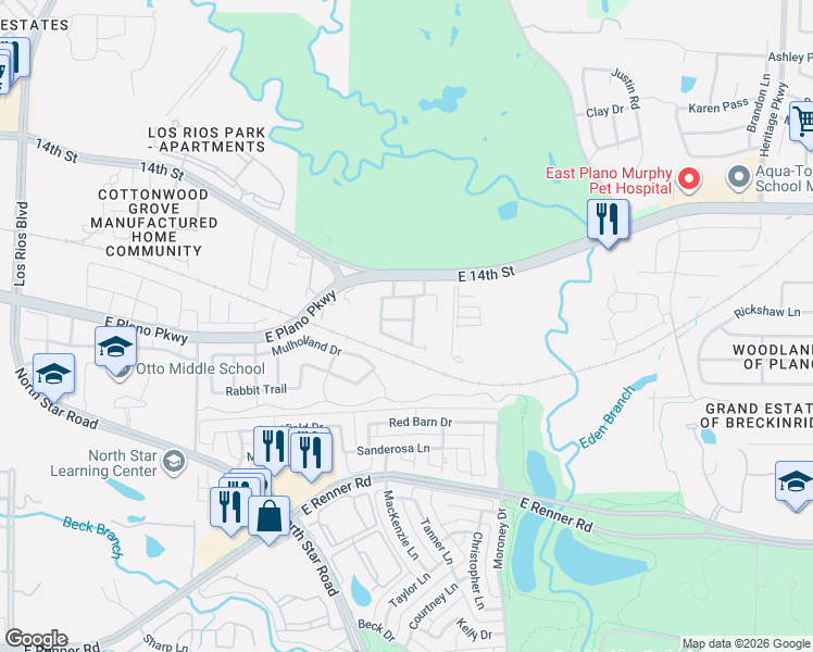 map of restaurants, bars, coffee shops, grocery stores, and more near 1105 Melcer Street in Plano