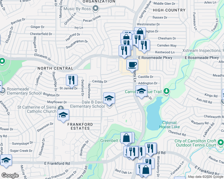 map of restaurants, bars, coffee shops, grocery stores, and more near 1821 Chamberlain Drive in Carrollton