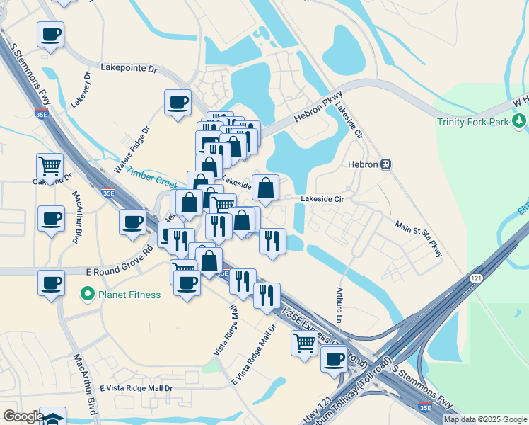 map of restaurants, bars, coffee shops, grocery stores, and more near 800 Lakeside Circle in Lewisville