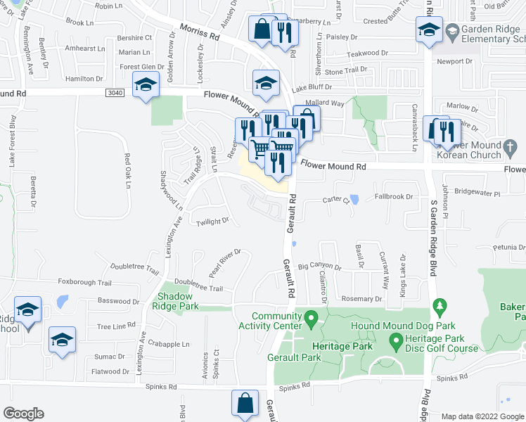 map of restaurants, bars, coffee shops, grocery stores, and more near 1111 Lexington Avenue in Flower Mound