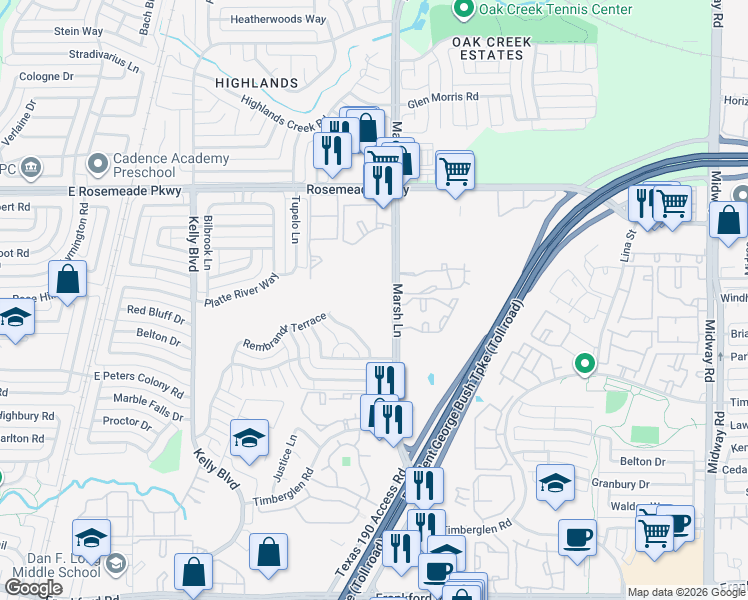 map of restaurants, bars, coffee shops, grocery stores, and more near 18749 Marsh Lane in Dallas