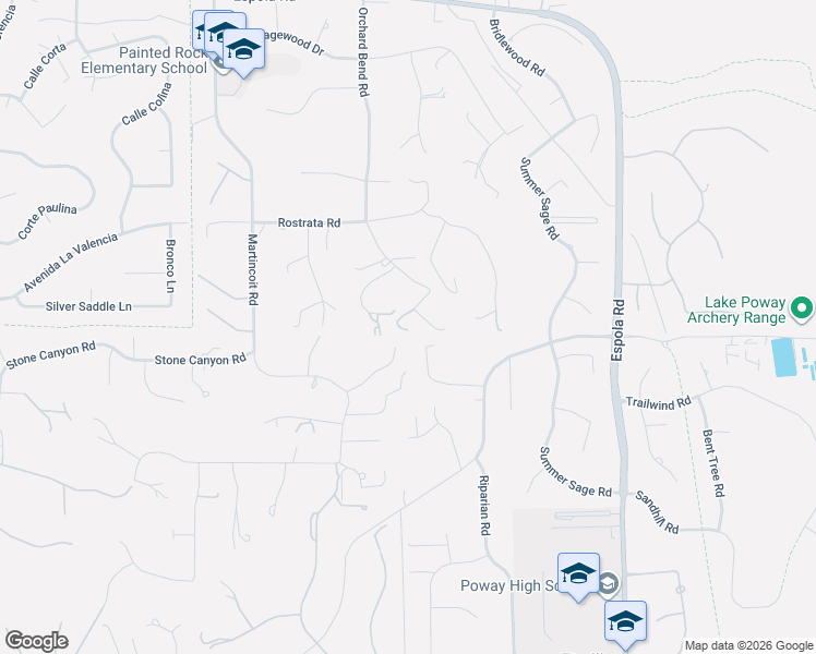 map of restaurants, bars, coffee shops, grocery stores, and more near 16214 Orchard Bend Road in Poway
