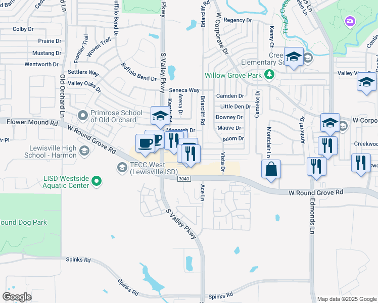 map of restaurants, bars, coffee shops, grocery stores, and more near 1028 Cassion Drive in Lewisville
